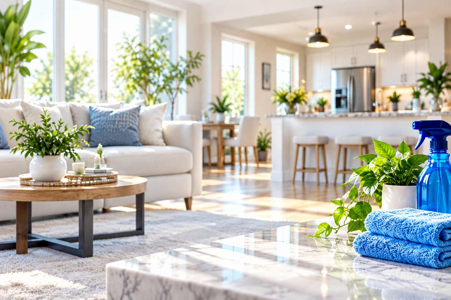 A bright, welcoming living room with blue accents and cleaning supplies